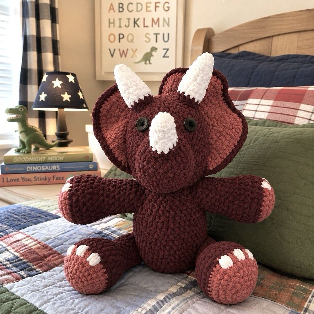 Handmade Crochet Triceratops Plush Dinosaur 16" Burgundy Chenille Stuffed Animal